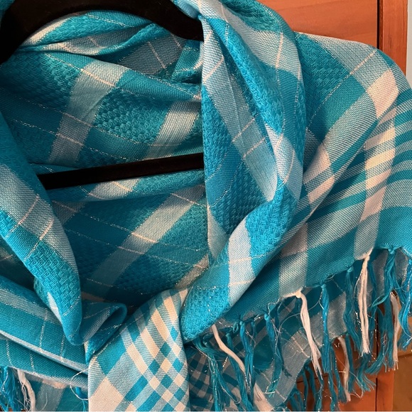 ALDO Square Scarf with Fringe. Aqua Blue, white and Silver Thread. - Picture 4 of 8